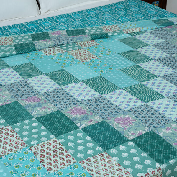 Teal Blue Patchwork Pure Cotton Double Bed Dohar (6863288598627)