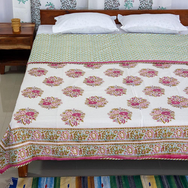 Cotton Mulmul Double Bed AC Quilt Dohar White Pink Guldasta Block Print (4789993734243)