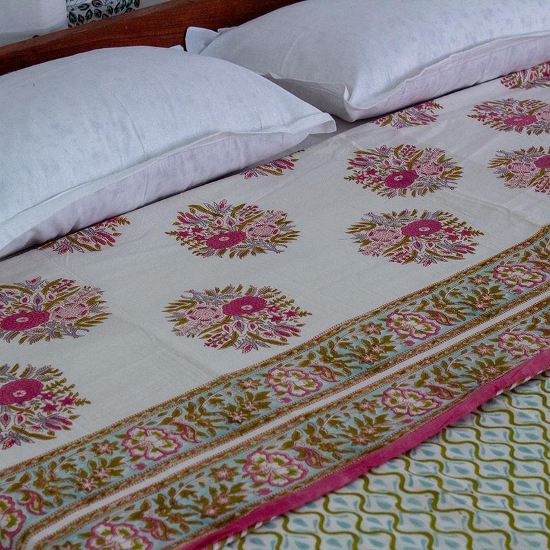 Cotton Mulmul Double Bed AC Quilt Dohar White Pink Guldasta Block Print 3 (4789993734243)