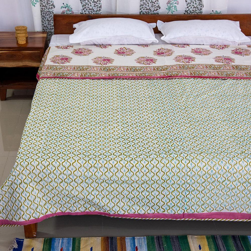 Cotton Mulmul Double Bed AC Quilt Dohar White Pink Guldasta Block Print 1 (4789993734243)