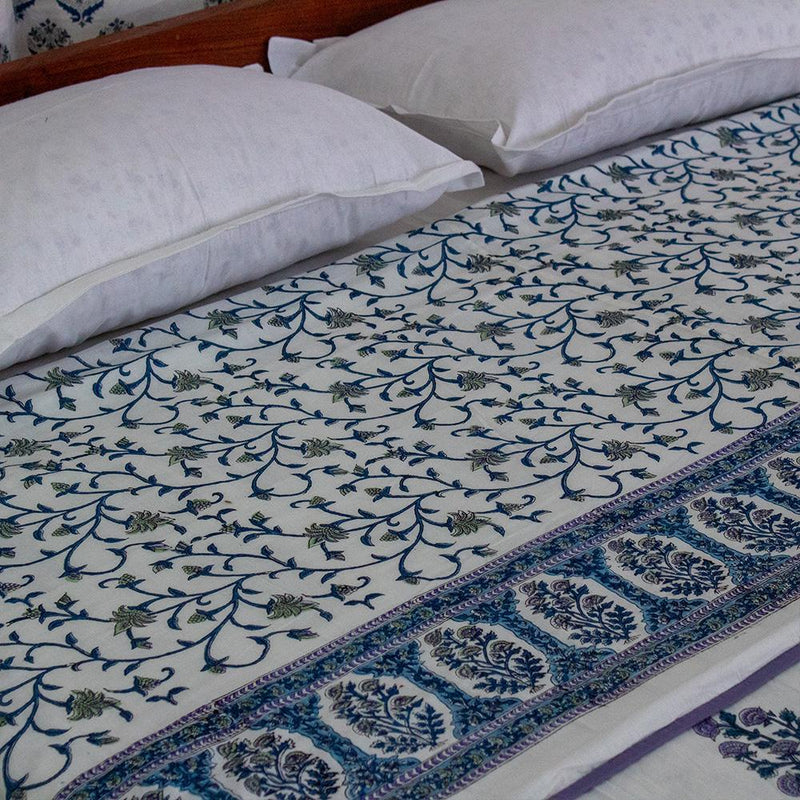 Cotton Mulmul Double Bed AC Quilt Dohar Blue Grey Floral Bel Block Print 3 (4789993767011)