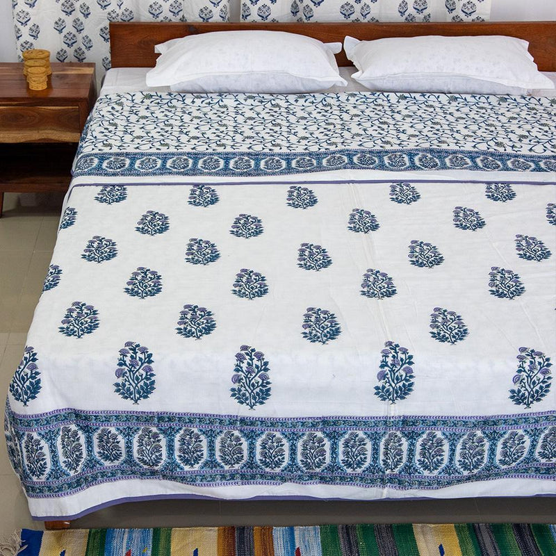 Cotton Mulmul Double Bed AC Quilt Dohar Blue Grey Floral Bel Block Print 1 (4789993767011)