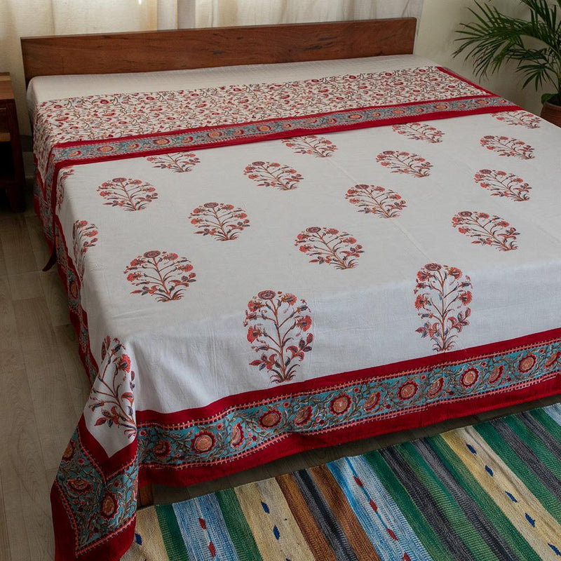 Cotton Mulmul Double Bed AC Quilt Dohar White Red Floral Jaal Block Print 1 (4729426215011)