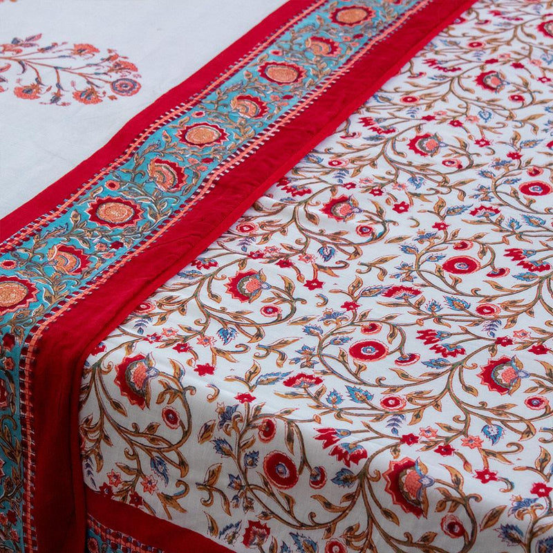 Cotton Mulmul Double Bed AC Quilt Dohar White Red Floral Jaal Block Print 2 (4729426215011)