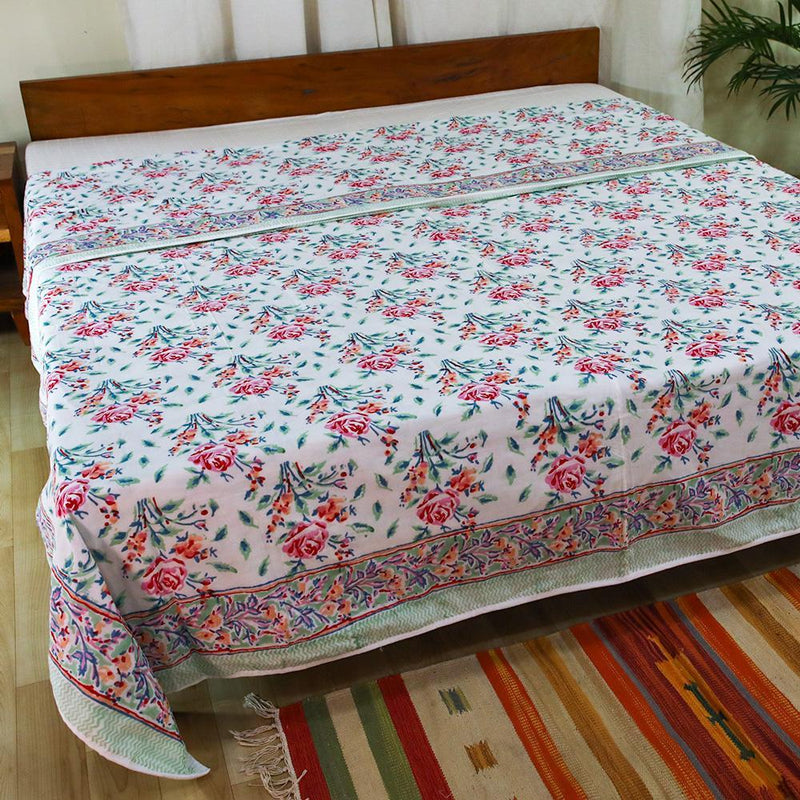 Cotton Mulmul Double Bed Dohar AC Quilt White Pink Rose Block Print (4726130901091)