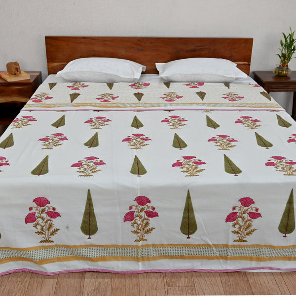 Cotton Mulmul Double Bed Dohar AC Quilt Pink Brown Floral Boota Block Print 3 (6648171888739)