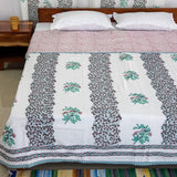 Cotton Mulmul Double Bed AC Quilt Dohar Light Green Flower Stem Block Print (4789993930851)