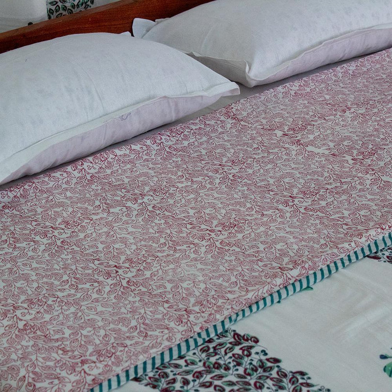Cotton Mulmul Double Bed AC Quilt Dohar Light Green Flower Stem Block Print 2 (4789993930851)