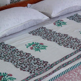 Cotton Mulmul Double Bed AC Quilt Dohar Light Green Flower Stem Block Print 3 (4789993930851)