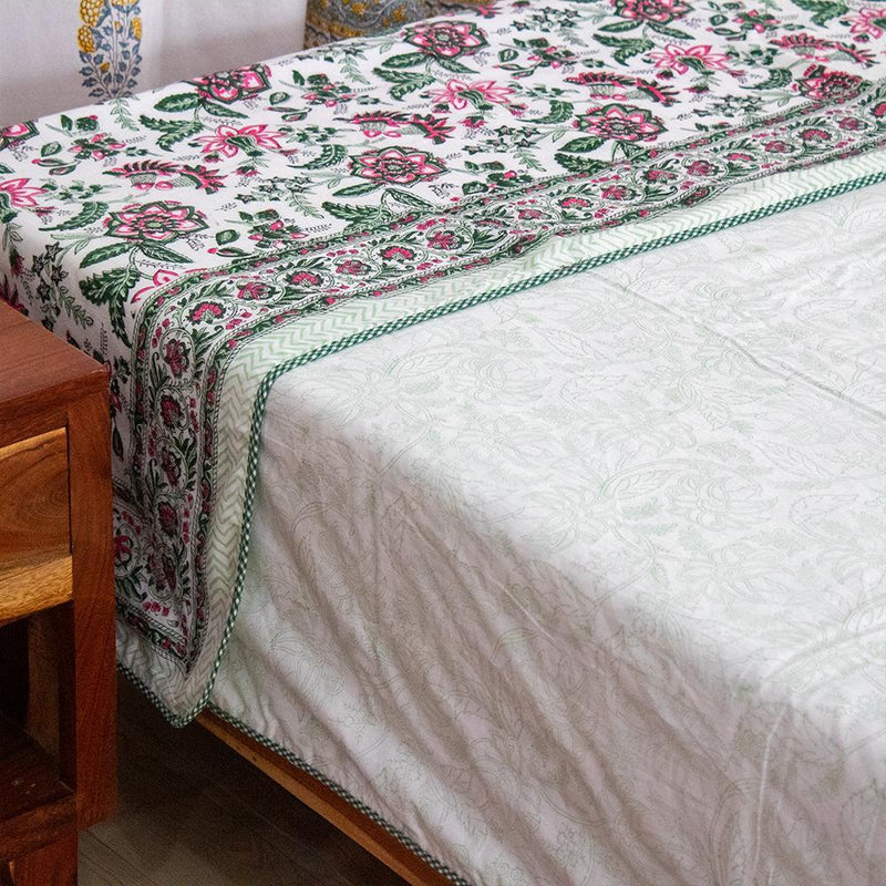 Cotton Mulmul Double Bed Dohar Green Pink Floral Jaal Block Print 3 (6595515252835)