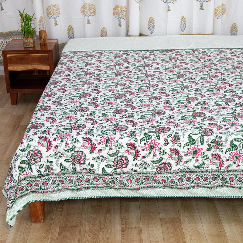 Cotton Mulmul Double Bed Dohar Green Pink Floral Jaal Block Print (6595515252835)