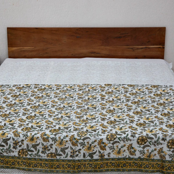 Cotton Mulmul Double Bed Dohar AC Quilt Yellow Green Floral Jaal Block Print (6648171921507)