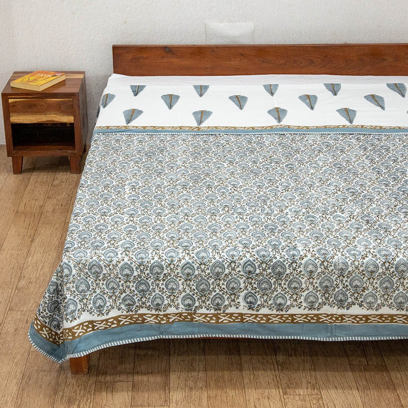 Cotton Mulmul Double Bed Dohar Grey Brown Leaf Jaal Block Print (6639100330083)