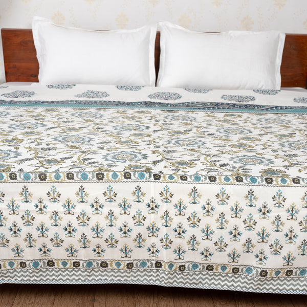 Phool Patti Reversible Grey-White Handblock Printed Double Bed Dohar AC Quilt (6833767219299)