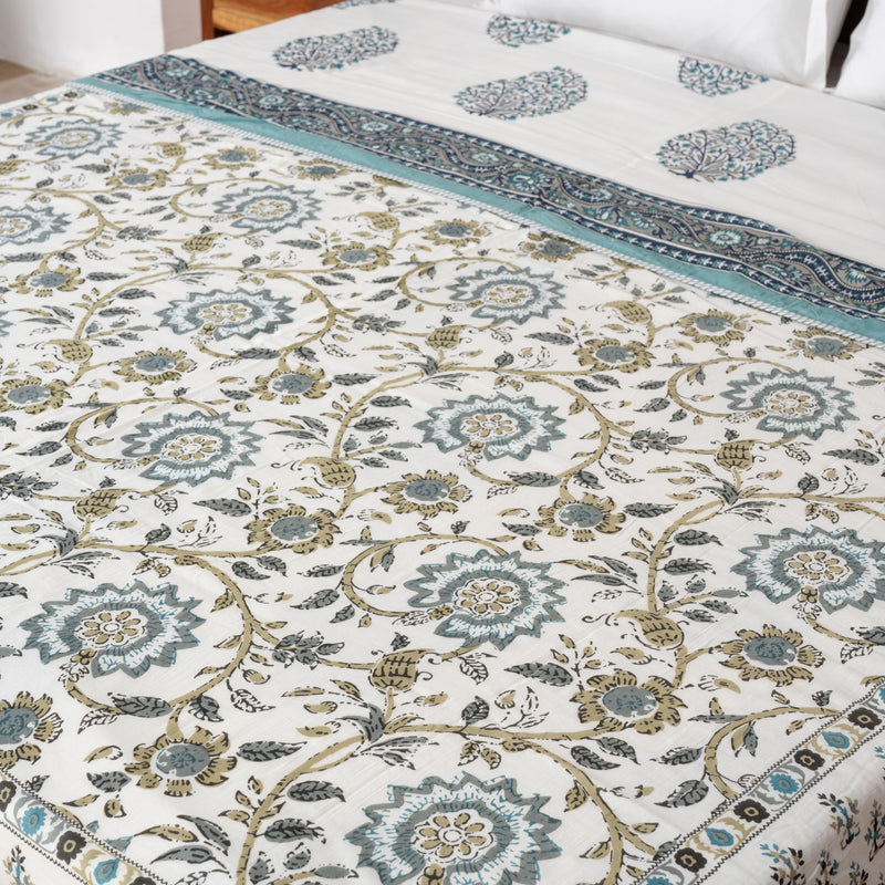 Phool Patti Reversible Grey-White Handblock Printed Double Bed Dohar AC Quilt (6833767219299)