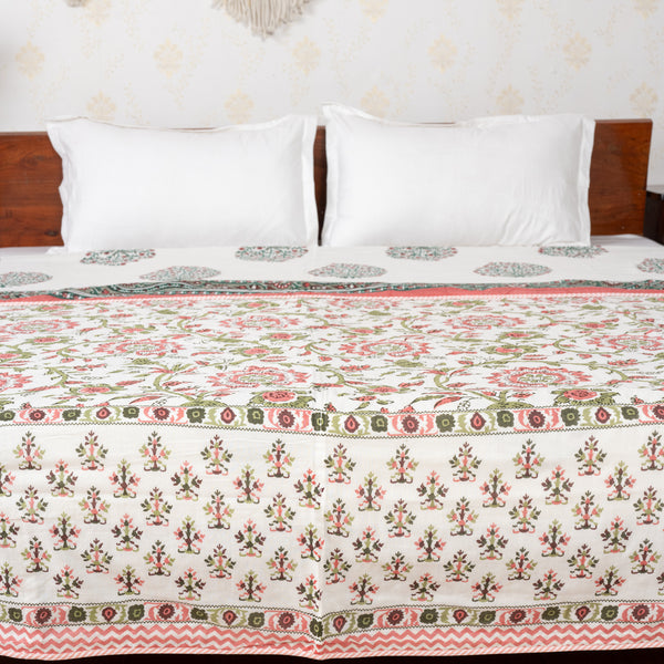 Phool Patti Reversible Salmon Pink-White Handblock Printed Double Bed Dohar AC Quilt (6833767252067)
