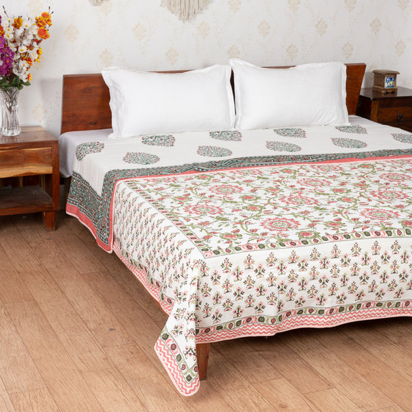 Phool Patti Reversible Salmon Pink-White Handblock Printed Double Bed Dohar AC Quilt (6833767252067)