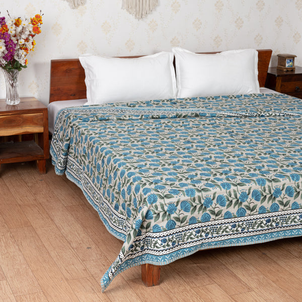 Blue Ocean Of Flowers Handblock Printed Double Bed Dohar AC Quilt (6833767448675)