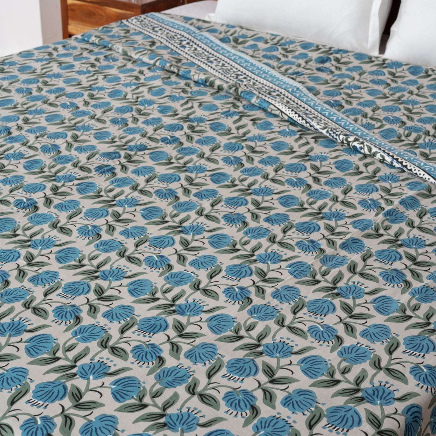 Blue Ocean Of Flowers Handblock Printed Double Bed Dohar AC Quilt (6833767448675)