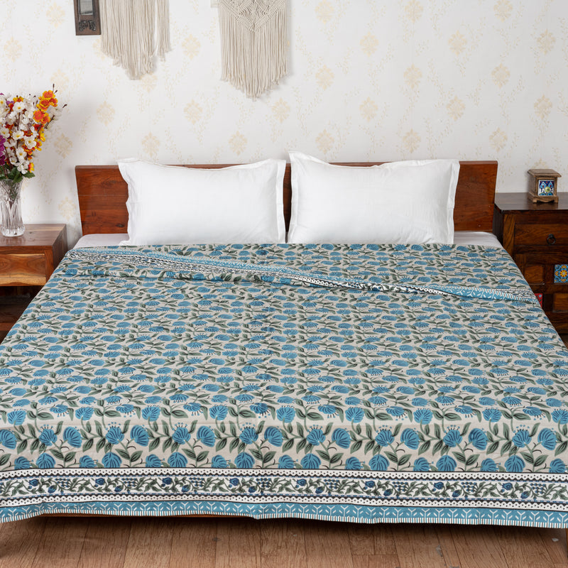 Blue Ocean Of Flowers Handblock Printed Double Bed Dohar AC Quilt (6833767448675)