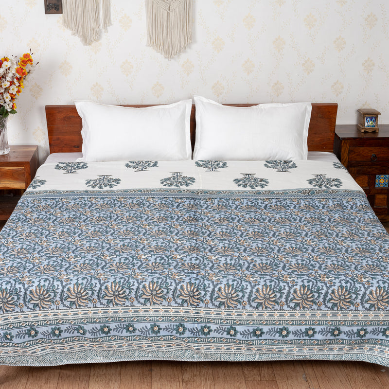 Mughal Jaal Teal Blue Handblock Printed Double Bed Dohar AC Quilt (6833767710819)