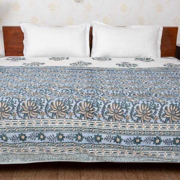 Mughal Jaal Teal Blue Handblock Printed Double Bed Dohar AC Quilt (6833767710819)