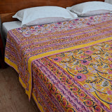 Cotton Mulmul Double Bed AC Quilt Dohar Yellow Pink Floral Block Print 3 (4679662993507)