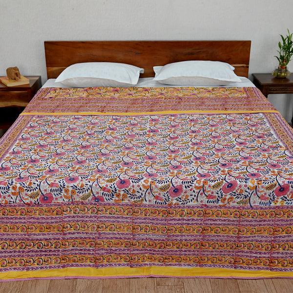 Cotton Mulmul Double Bed AC Quilt Dohar Yellow Pink Floral Block Print 1 (4679662993507)