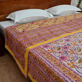 Cotton Mulmul Double Bed AC Quilt Dohar Yellow Pink Floral Block Print 2 (4679662993507)