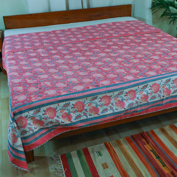 Cotton Mulmul King Size Dohar AC Quilt Pink Floral Jaal Block Print (4726130999395)