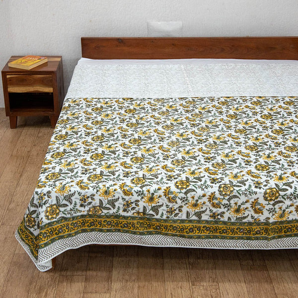 Cotton Mulmul King Size Dohar Yellow Green Floral Jaal Block Print (6639100362851)