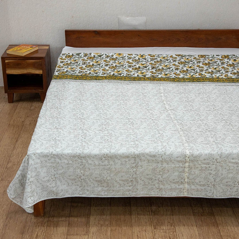 Cotton Mulmul King Size Dohar Yellow Green Floral Jaal Block Print 3 (6639100362851)