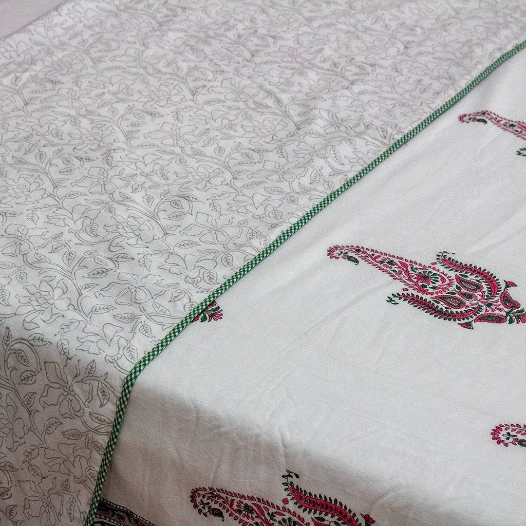 Cotton Mulmul King Size Dohar Pink Green Paisley Block Print 2 (6639100428387)