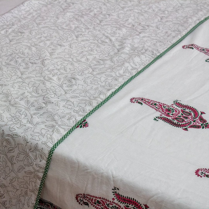 Cotton Mulmul King Size Dohar Pink Green Paisley Block Print 2 (6639100428387)