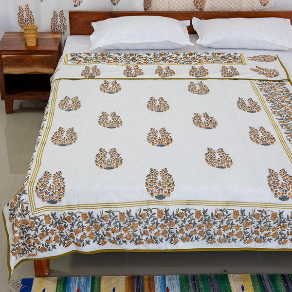 Cotton Mulmul Single Bed AC Quilt Dohar Orange Grey Floral Jaal Block Print (4790008414307)