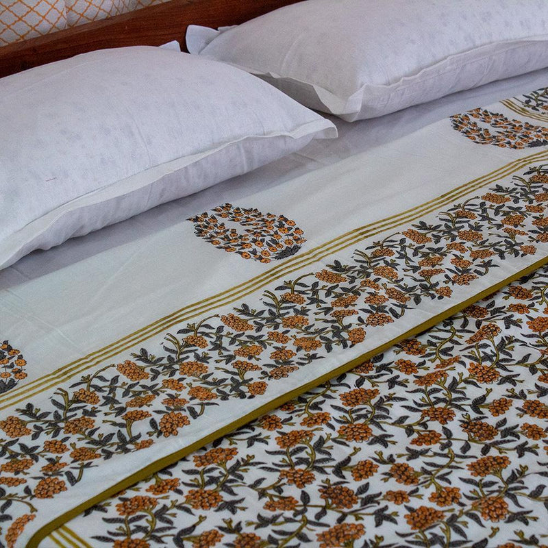 Cotton Mulmul Single Bed AC Quilt Dohar Orange Grey Floral Jaal Block Print 1 (4790008414307)