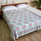 Cotton Mulmul Single Bed AC Quilt Dohar Pink Green Rose Boota Block Print (4679663157347)