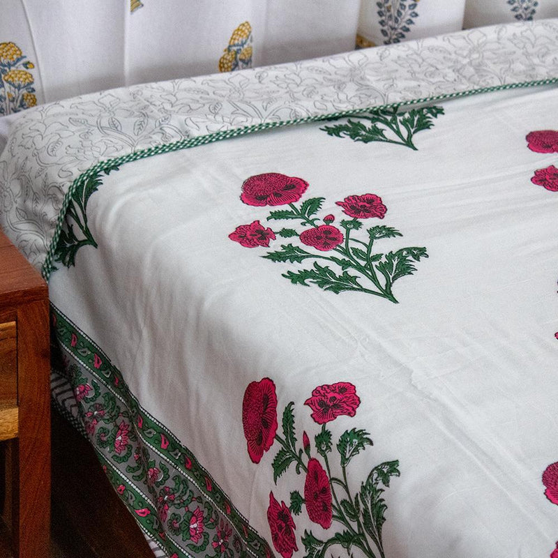 Cotton Mulmul Single Bed Dohar Green Pink Floral Boota Block Print (6571150147683)