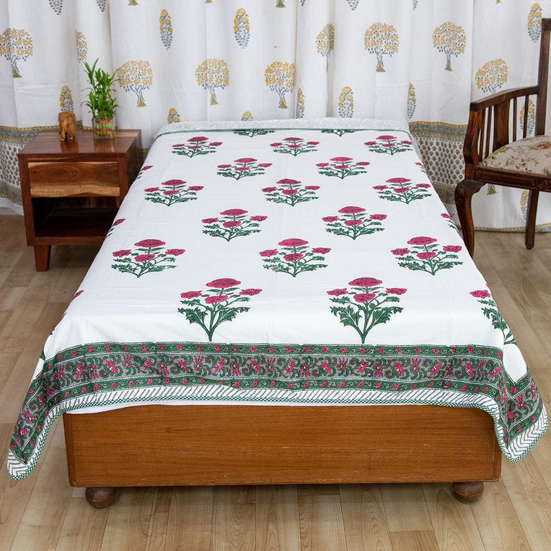 Cotton Mulmul Single Bed Dohar Green Pink Floral Boota Block Print 2 (6571150147683)