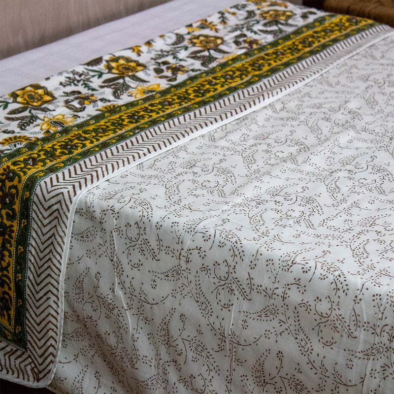 Cotton Mulmul Single Bed Dohar Yellow Green Floral Jaal Block Print 1 (6639109046371)