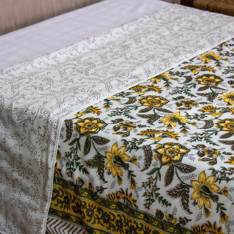 Cotton Mulmul Single Bed Dohar Yellow Green Floral Jaal Block Print 2 (6639109046371)