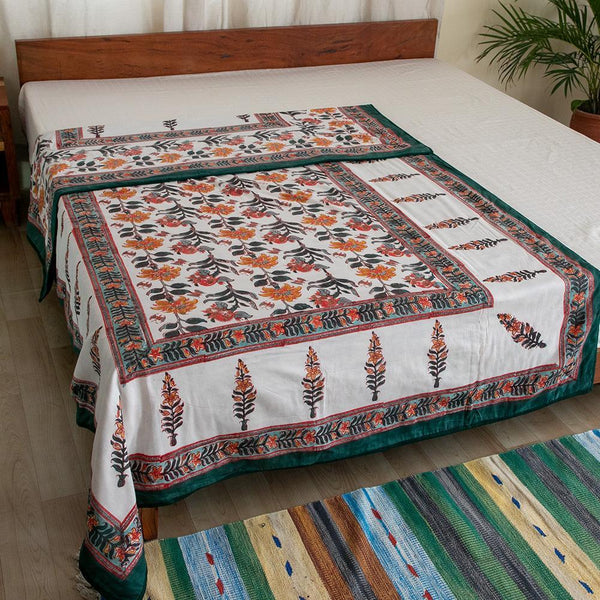 Cotton Mulmul Single Bed AC Quilt Dohar White Green Boota Block Print (4729428213859)