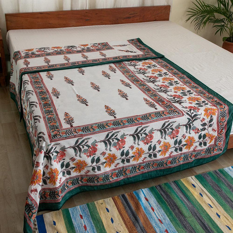 Cotton Mulmul Single Bed AC Quilt Dohar White Green Boota Block Print 3 (4729428213859)
