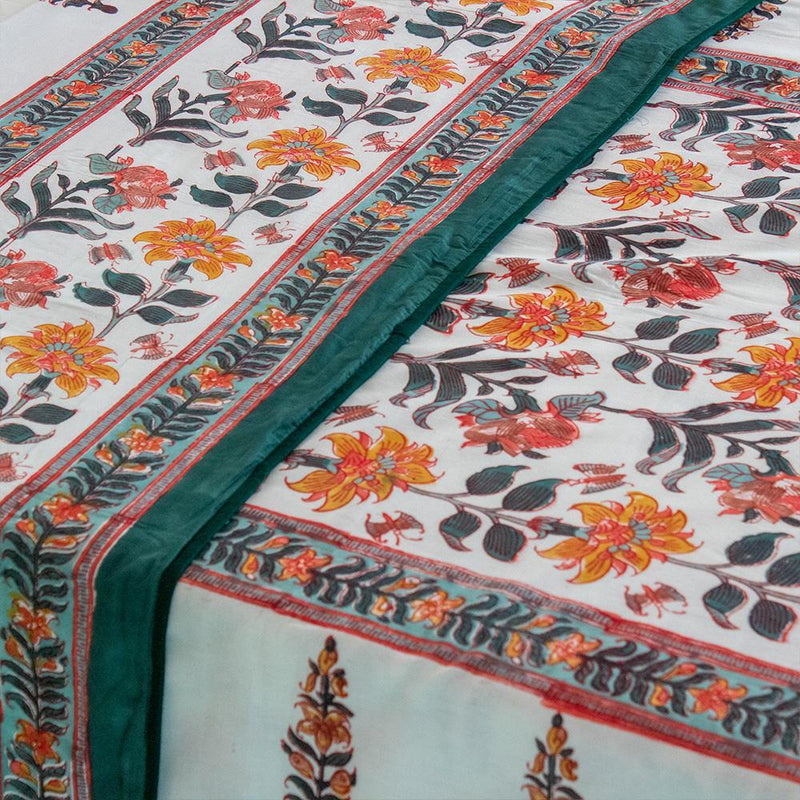 Cotton Mulmul Single Bed AC Quilt Dohar White Green Boota Block Print 2 (4729428213859)