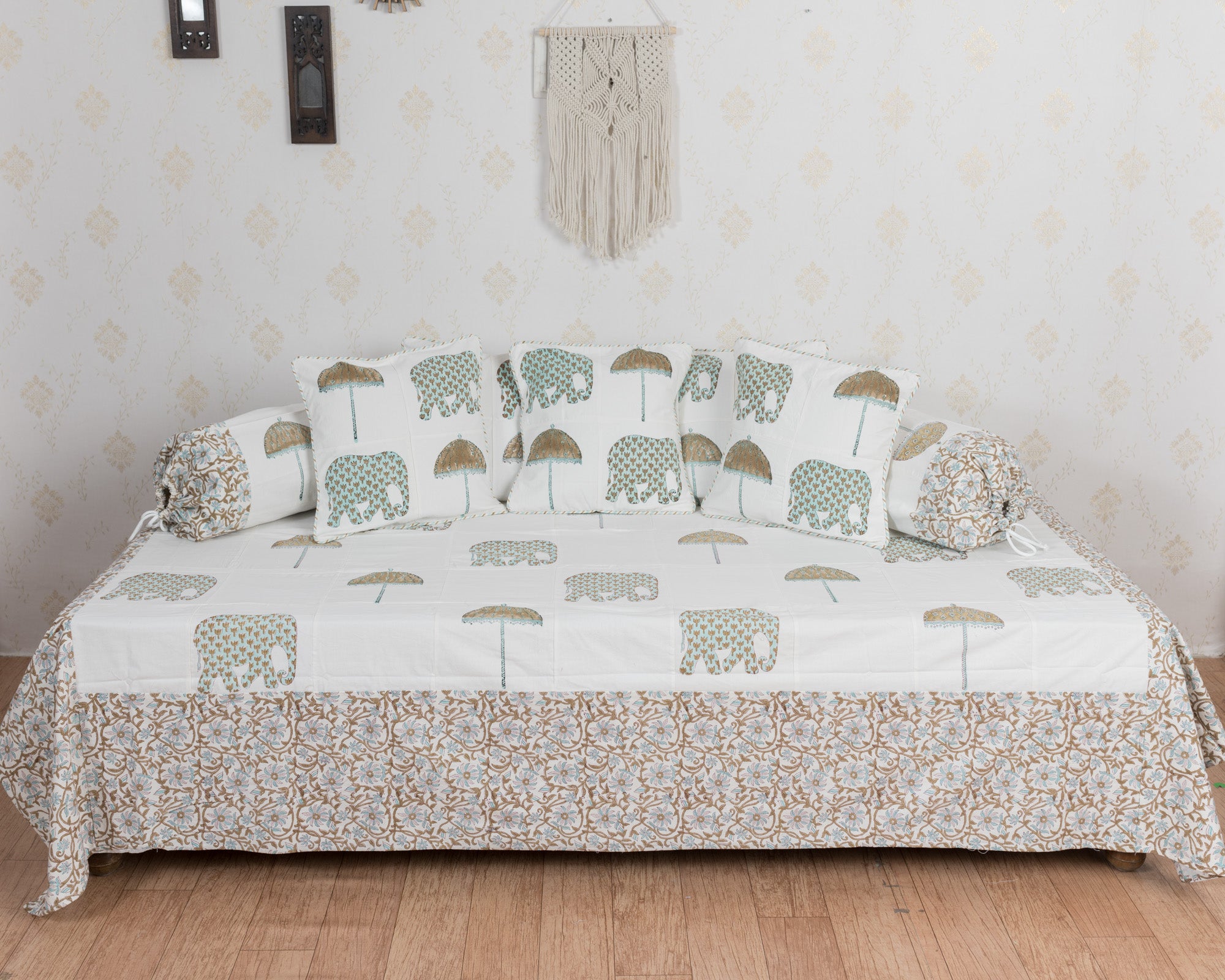Cotton Diwan Set Teal Green Elephant Patch Work (6742740729955)