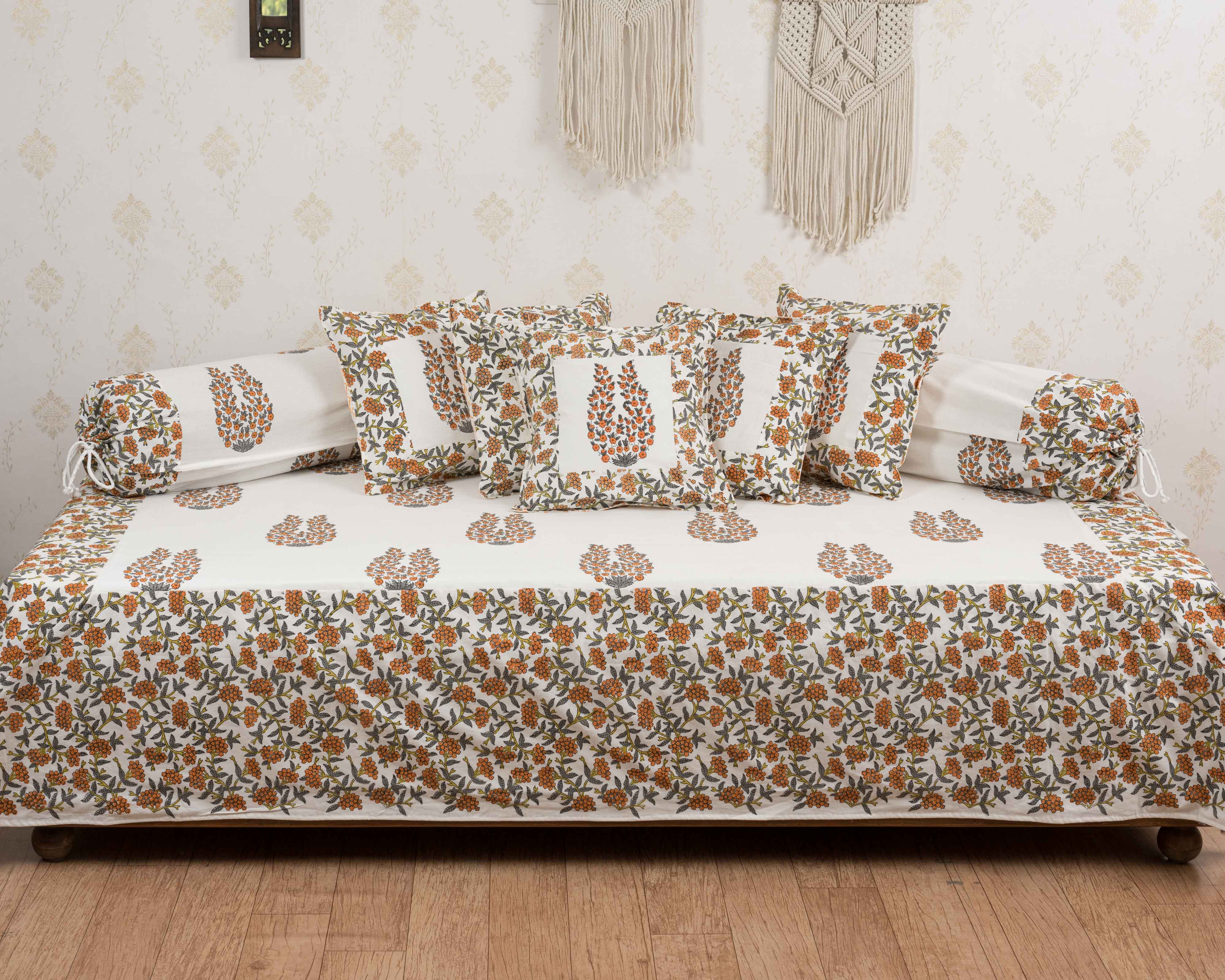 Cotton Diwan Set Orange Grey Floral Boota Block Print (6755537682531)