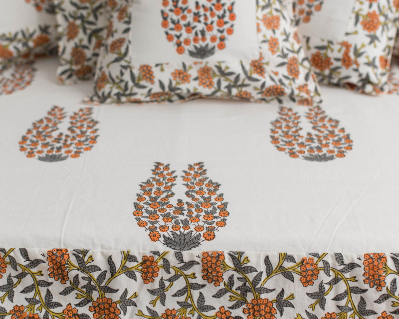Cotton Diwan Set Orange Grey Floral Boota Block Print 3 (6755537682531)