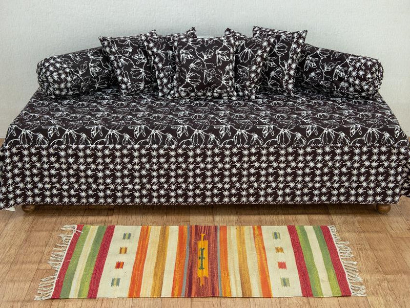 Cotton Diwan Set Brown White Leaves Print (6612420919395)