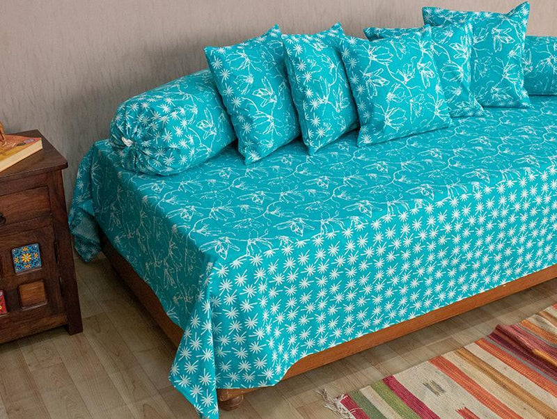Cotton Diwan Set Turquoise White Floral Print 1 (6624088686691)