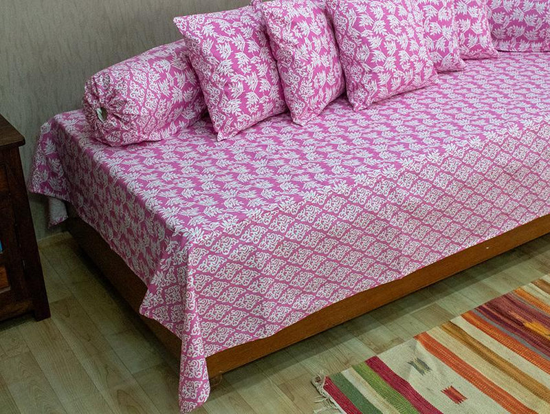 Cotton Diwan Set Pink White Leaves Print 1 (6624088981603)